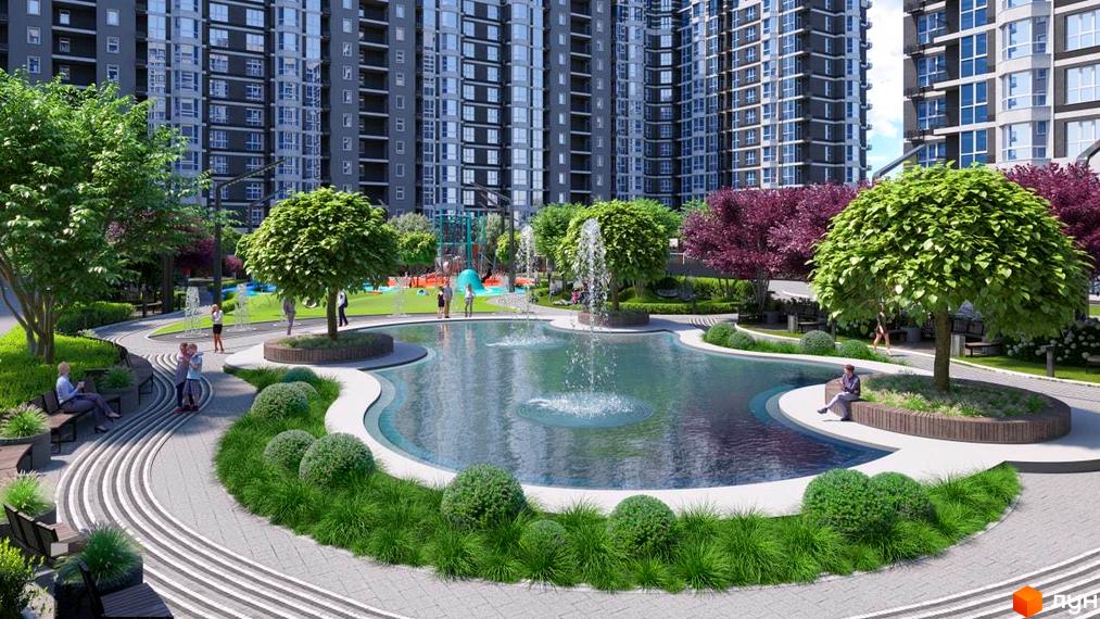 Зображення Житлового комплексу Grand Bourget з великим двором, фонтаном та зеленими насадженнями. Вигляд багатоповерхового будинку з благоустроєм.