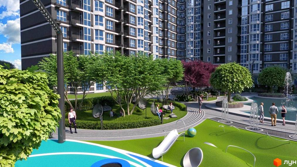 Багатоповерхові будинки Житлового комплексу Гранд Бурже з великими вікнами. Прибудинкова територія має зелені зони, дитячий майданчик та фонтани.