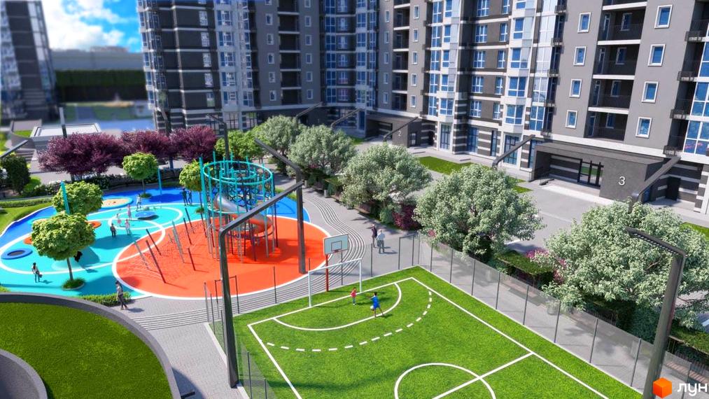 Житловий комплекс Гранд Бурже: багатоповерхові будинки з сірим фасадом та синіми вікнами, поруч дитячий майданчик та спортивне поле.