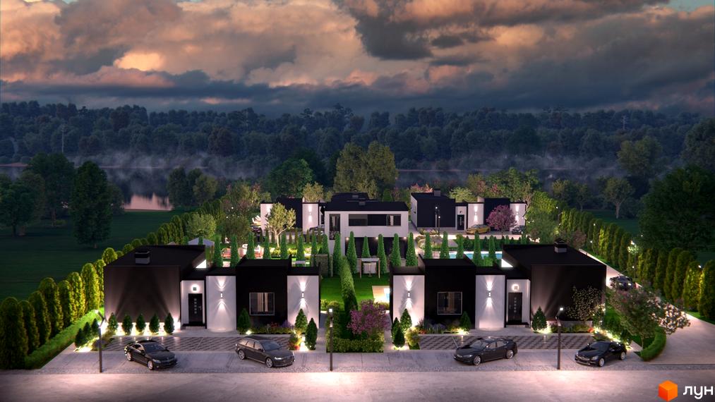 Котеджне містечко Терещенські Озера: сучасні будинки з чорними фасадами та білими вставками, огороджені туями, з басейнами та автомобілями на подвір'ї.