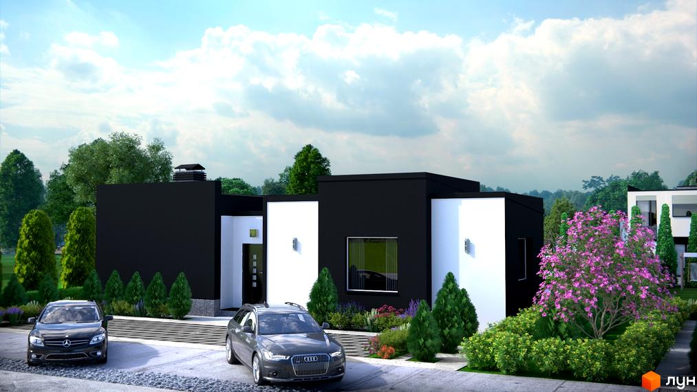 Котеджне містечко Терещенські Озера: двоповерховий будинок з чорно-білим фасадом, прибудинкова територія з деревами та квітами.