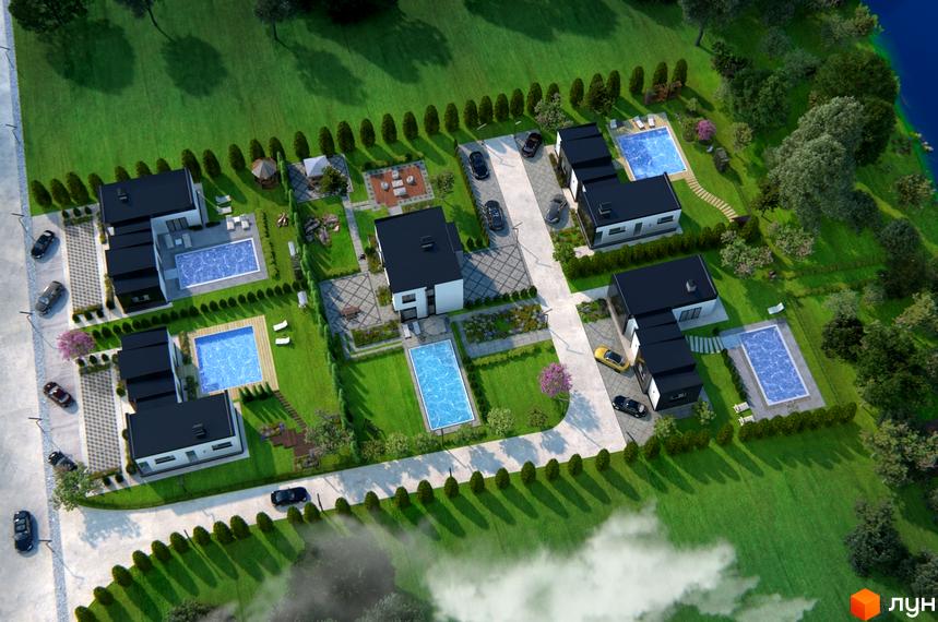 Котеджне містечко Терещенські Озера: сучасні будинки з басейнами та доглянутими подвір'ями. На території комплексу зелені газони, дерева та зони відпочинку.