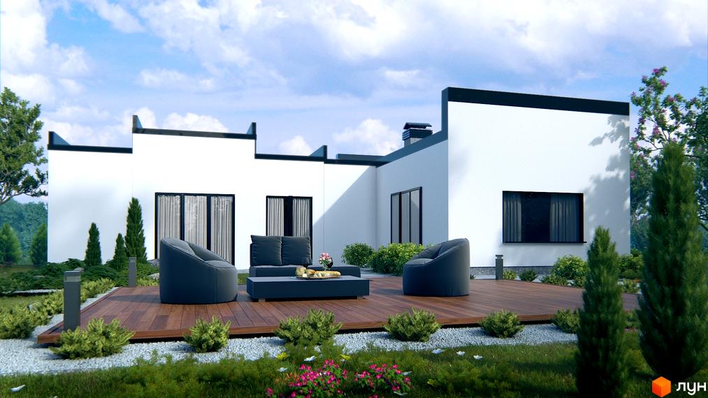 Котеджне містечко Терещенські Озера: білий будинок з терасою та зоною відпочинку на дерев'яному настилі. Навколо зелені насадження та квіти.