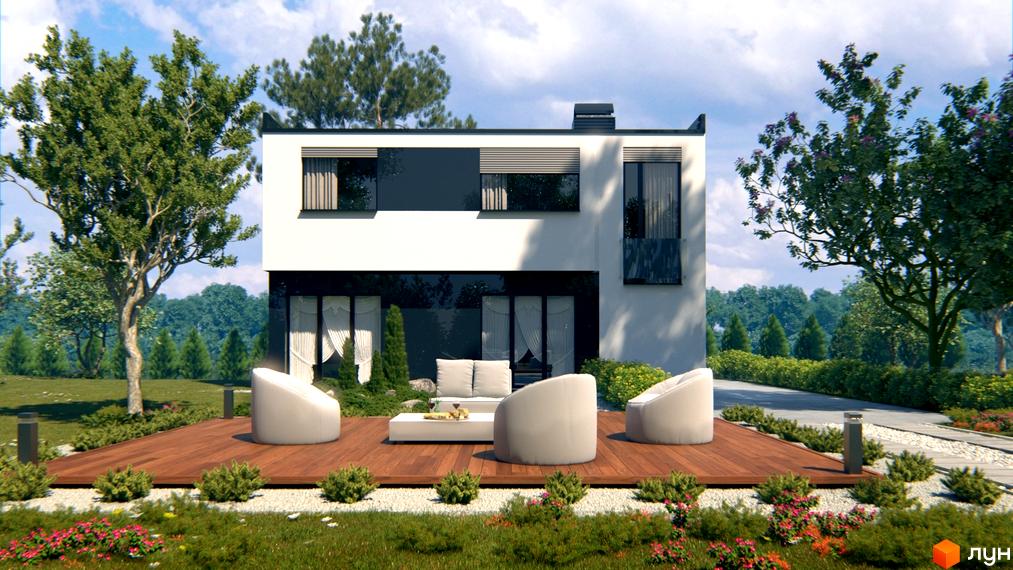 Сучасний двоповерховий будинок з великими вікнами та терасою з білими кріслами та диваном. Навколо будинку зелений сад з деревами та квітами.