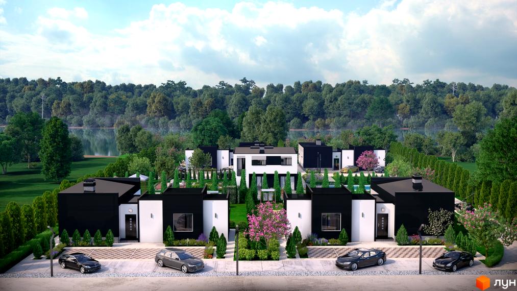 Котеджне містечко Терещенські Озера - сучасні будинки з чорно-білими фасадами та доглянутою прибудинковою територією біля озера. На території розташовані автомобілі та зелені насадження.