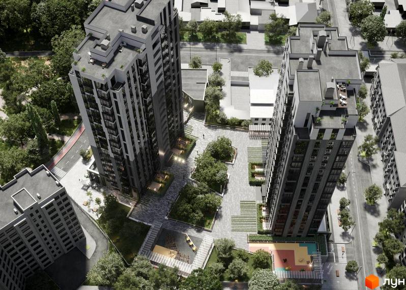 Житловий комплекс M.Park: два високі будинки сірого кольору. Прибудинкова територія має зелені насадження, доріжки та дитячий майданчик.