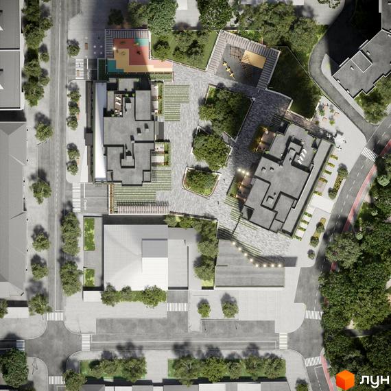 Аерофото Житлового комплексу M.Park з багатоповерховими будинками, великими зеленими зонами, дитячими майданчиками та пішохідними доріжками.