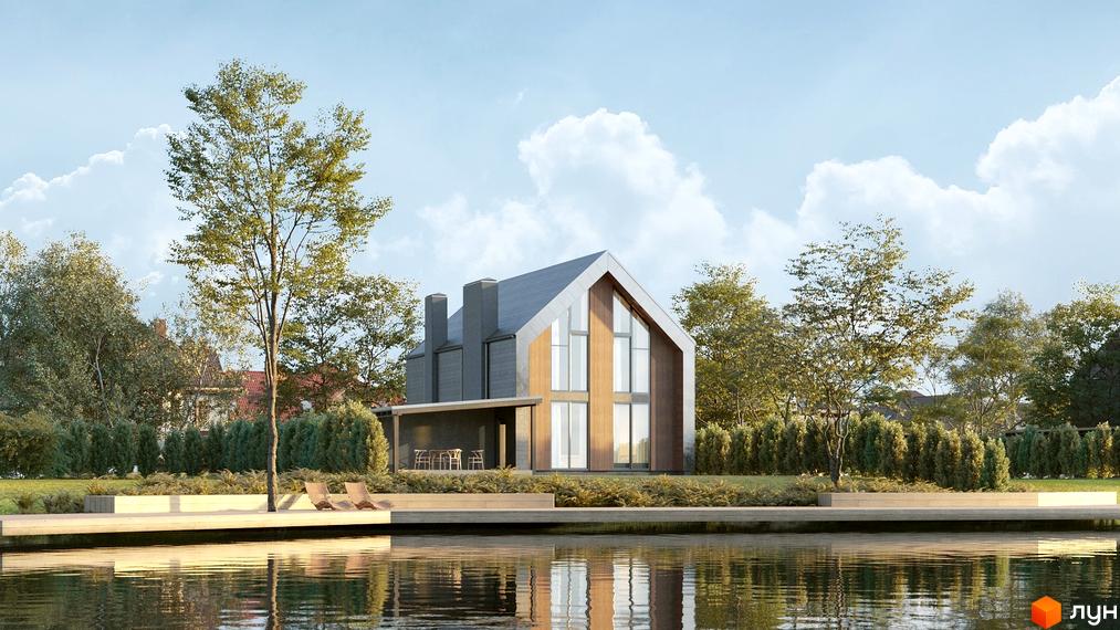 Фасад будинку Котеджного містечка Плескіт з великими вікнами та комбінованим оздобленням, оточений зеленню та водоймою з пірсом.
