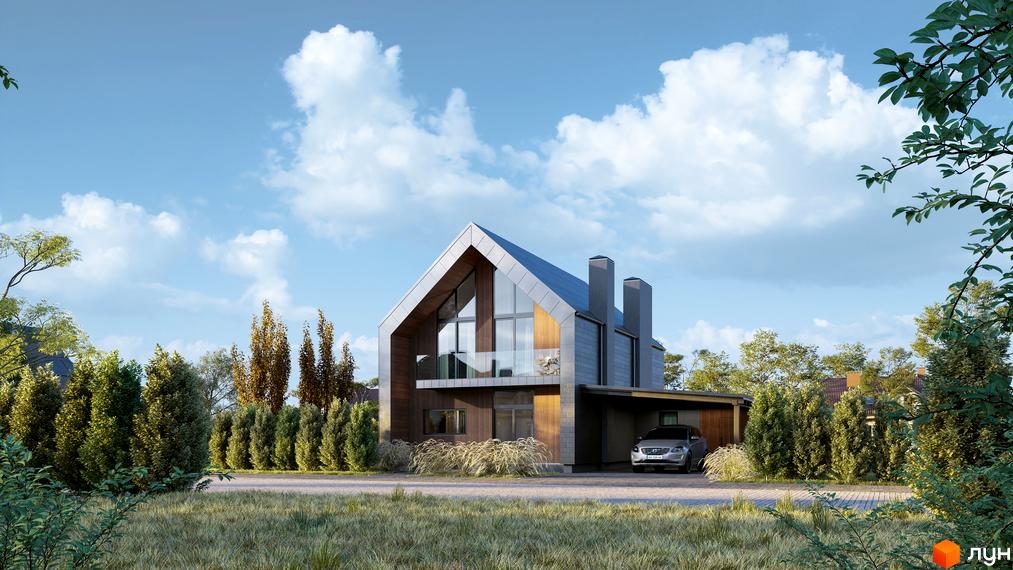 Котеджне містечко КМ Плескіт: двоповерховий будинок з великими вікнами та навісом для авто, оточений зеленню та доглянутою прибудинковою територією.