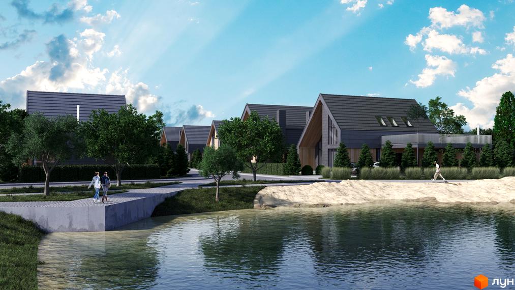 Котеджне містечко КМ Плескіт: сучасні будинки з темними дахами та дерев'яними елементами на фоні водойми та зелені. Прибудинкова територія з доріжками та зонами відпочинку.