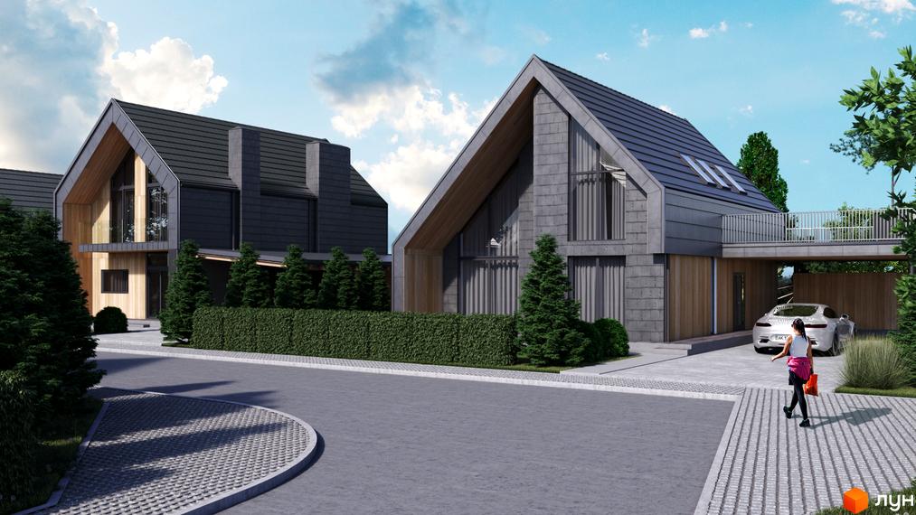 Котеджне містечко КМ Плескіт: двоповерхові будинки з темним дахом та сірими стінами, великими вікнами, огороджені зеленою огорожею, з білим автомобілем та жінкою, що йде по доріжці.