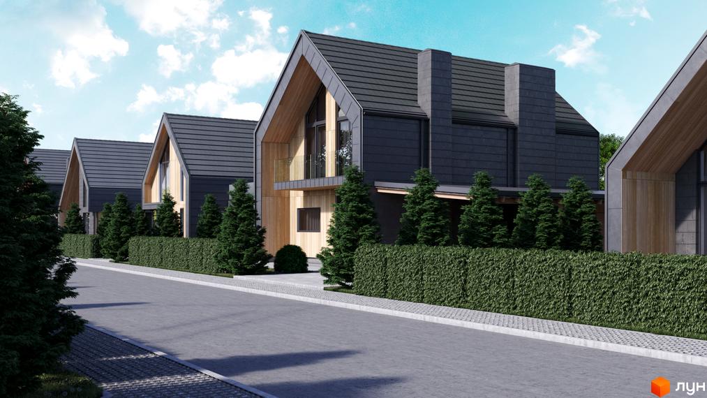 Котеджне містечко КМ Плескіт: фасади будинків з темним дахом та дерев'яними елементами, огороджені зеленою огорожею та ялинками.