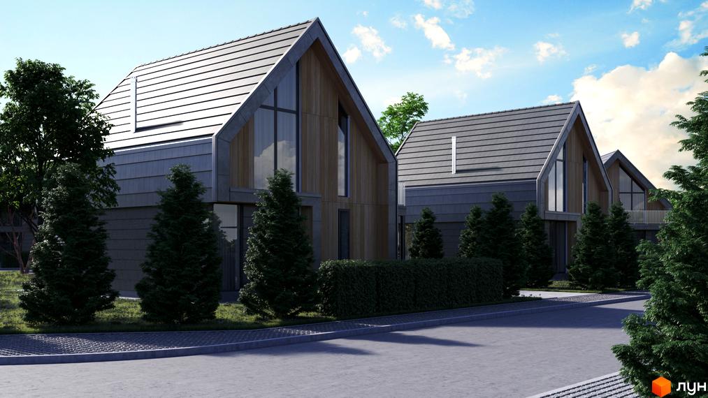 Котеджне містечко Плескіт: фасади будинків з дерев'яними елементами та сірим дахом, зелені ялинки та доглянута прибудинкова територія.