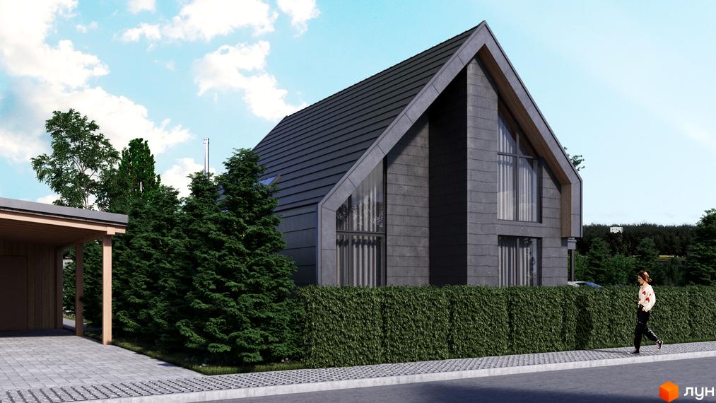 Зображення будинку Котеджного містечка Плескіт з темно-сірим дахом та фасадом, великими вікнами, зеленою огорожею та вимощеною доріжкою.