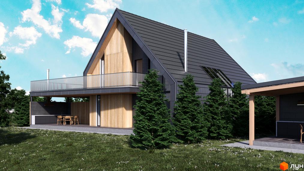 Котеджне містечко КМ Плескіт: двоповерховий будинок з темним дахом та дерев'яними елементами фасаду, простора тераса, зелена галявина з квітами та ялинками.