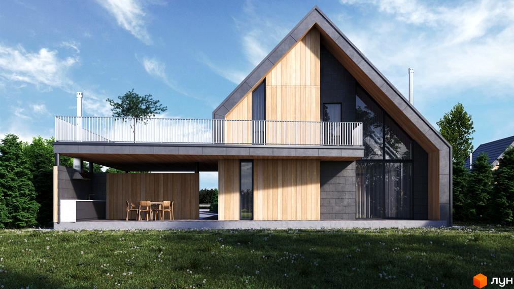 Котеджне містечко КМ Плескіт: двоповерховий будинок з дерев'яним та сірим фасадом, великими вікнами та терасою на другому поверсі. Навколо будинку зелена галявина та дерева.