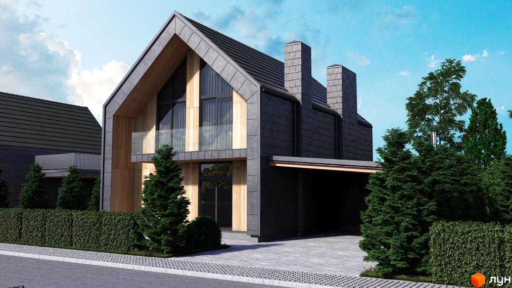 Окремий будинок Котеджного містечка Плескіт з темним фасадом, дерев'яними вставками та великими вікнами. Прибудинкова територія озеленена деревами та доглянутими живоплотами.