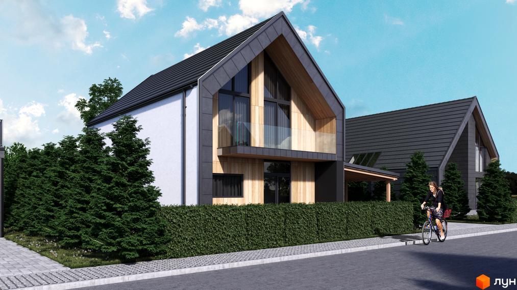 Будинки Котеджного містечка Плескіт з високими темними дахами, білими та дерев'яними фасадами. Прибудинкова територія з зеленими насадженнями та велосипедистом на дорозі.