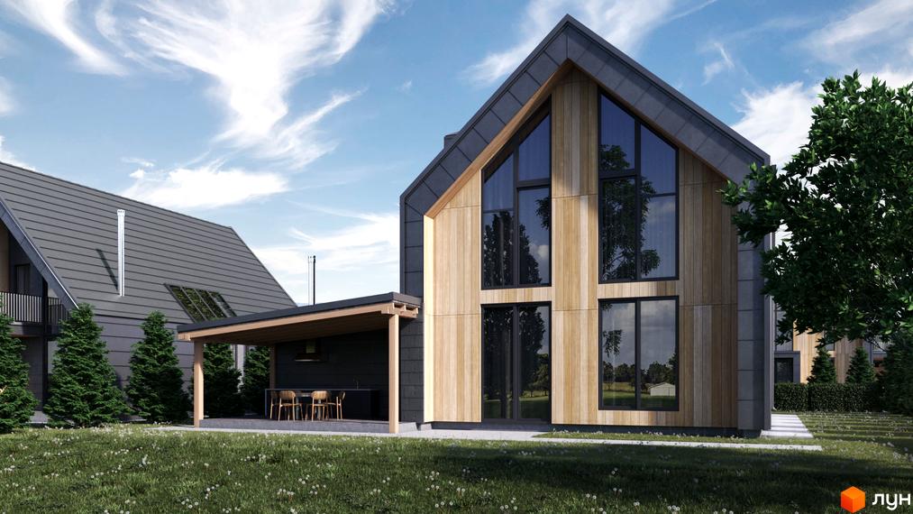Котеджне містечко Плескіт: будинок з темно-сірим дахом, дерев'яним фасадом та великими вікнами. Поруч зелений газон, хвойні дерева та крита тераса.
