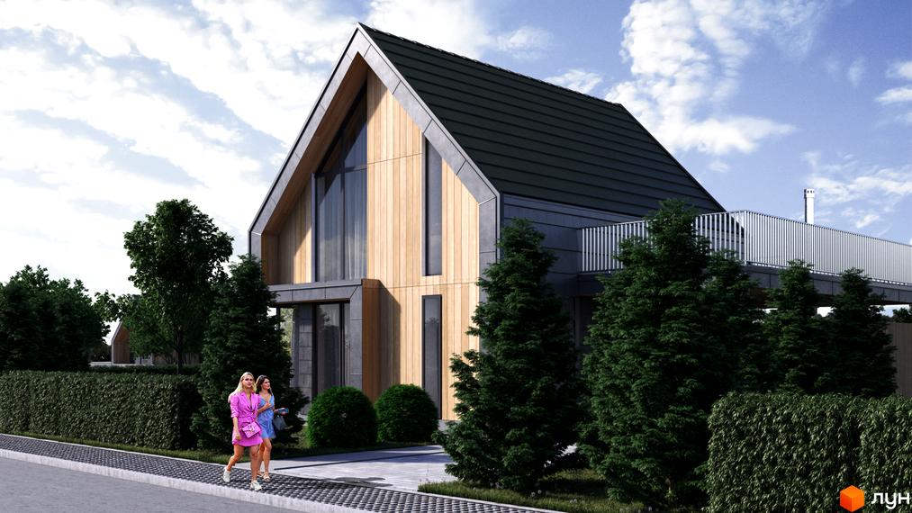 Котеджне містечко Плескіт: будинок з темним дахом, дерев'яним оздобленням фасаду та великими вікнами. Прибудинкова територія з зеленими насадженнями.