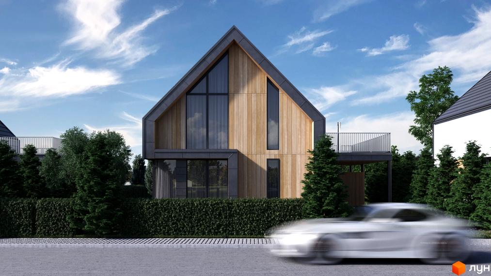 Будинок Котеджного містечка Плескіт з дерев'яним фасадом, великими вікнами та гострим дахом. Прибудинкова територія має зелені насадження та живопліт.