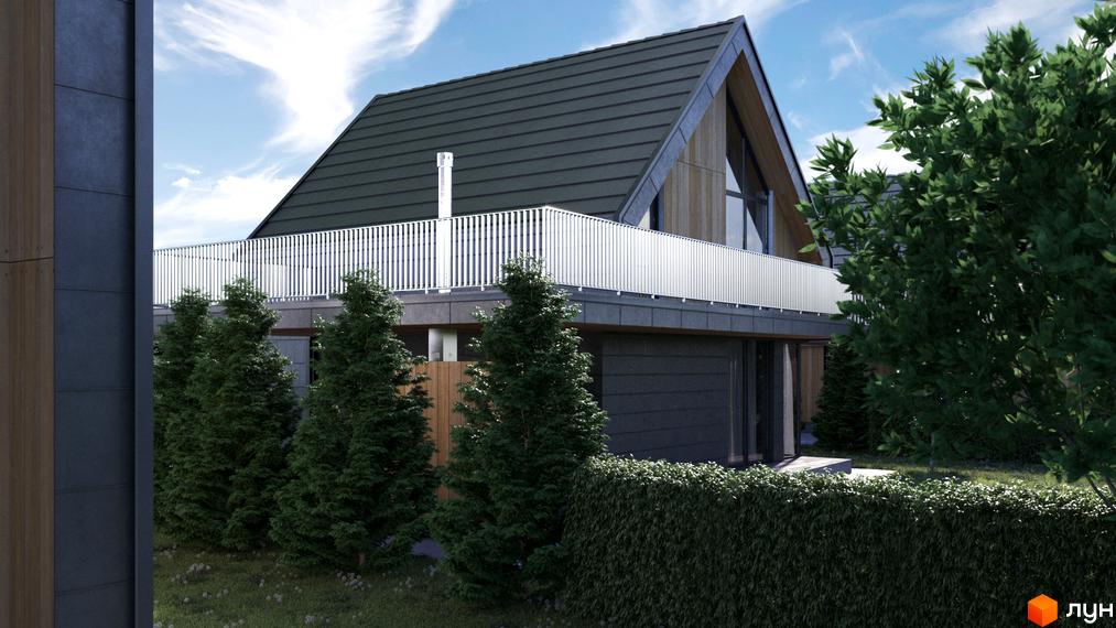 Будинок Котеджного містечка Плескіт з темним дахом та фасадом, що поєднує сірі панелі та дерев'яні елементи. Прибудинкова територія прикрашена хвойними деревами та доглянутим живоплотом.