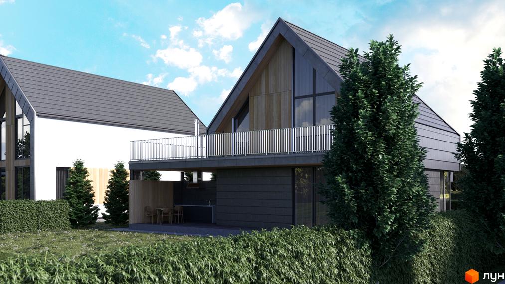 Два будинки Котеджного містечка Плескіт з гострими дахами та панорамними вікнами, один з білим фасадом. Прибудинкова територія з газоном, живоплотом та хвойними деревами.