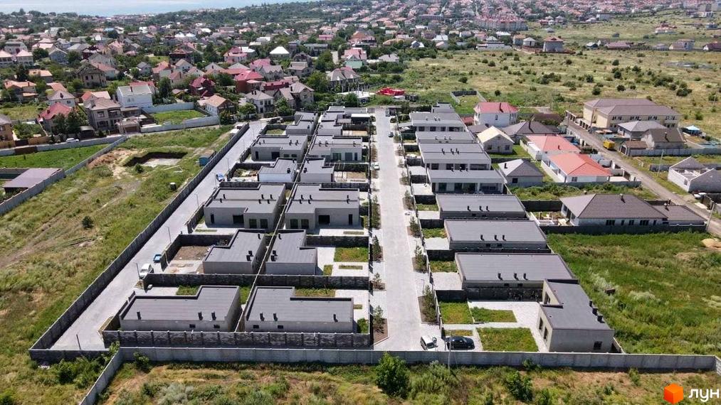 Зображення Котеджного містечка La Vida. Одноповерхові будинки з сірими дахами та великою прибудинковою територією, обгороджені парканом.