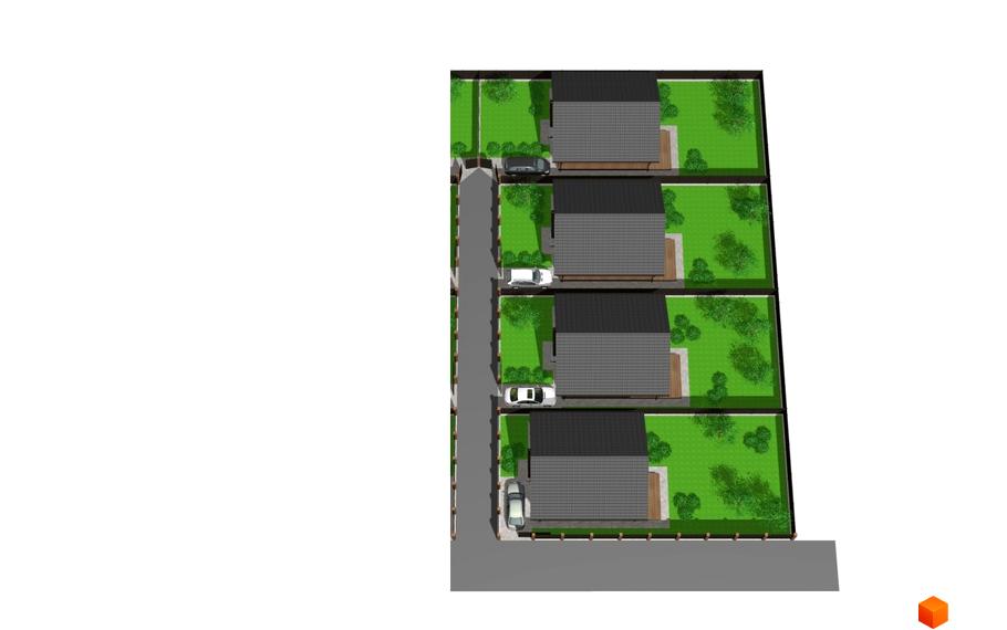 Котеджне містечко Одноповерховий Київ - Чабани: вид зверху на ряд одноповерхових будинків з сірими дахами та прибудинковою територією з газоном і деревами.