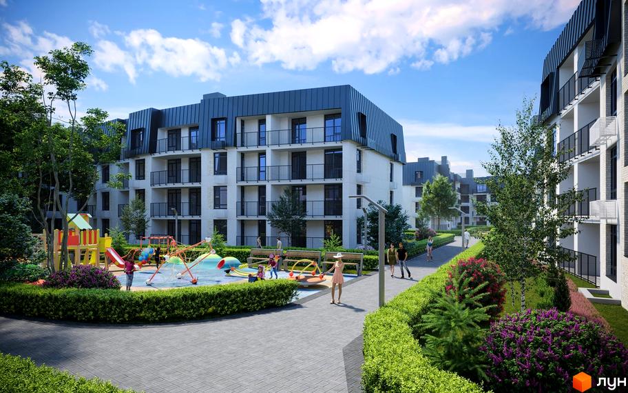 Житловий комплекс Італійський квартал 2 з білими будинками та балконами. На території дитячий майданчик, зелені насадження та пішохідні доріжки.