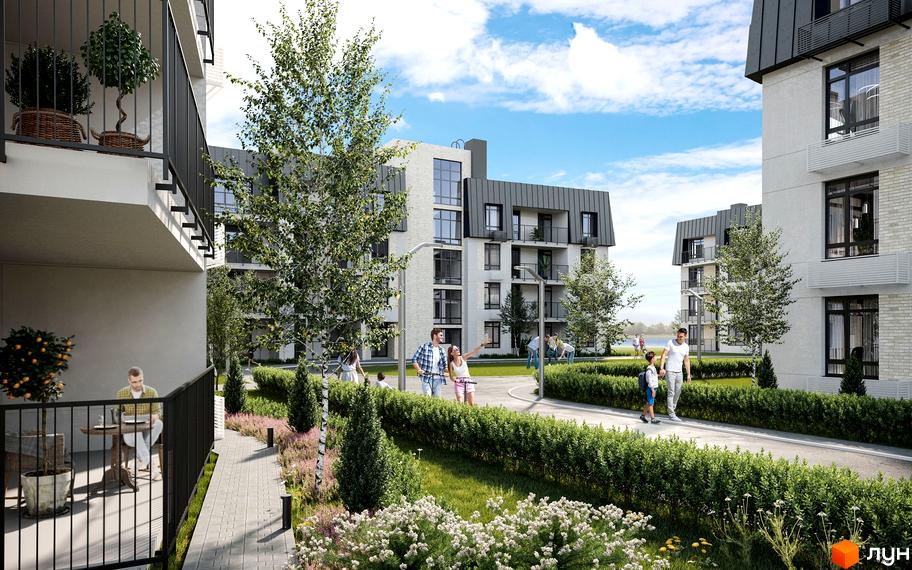 Житловий комплекс Italian Quarter 2. Білі будинки з темними дахами, доглянута прибудинкова територія з алеями, газонами та деревами, люди гуляють.