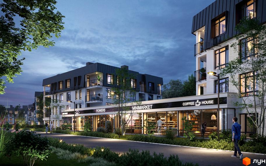 Зображення фасаду будинку ЖК Італійський квартал 2 з магазинами на першому поверсі та освітленою прибудинковою територією.