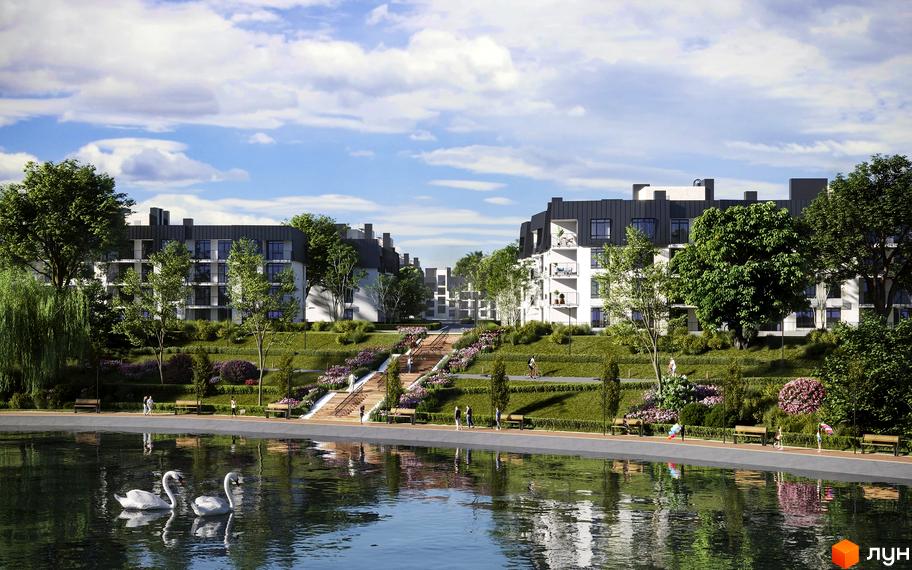 Житловий комплекс Італійський квартал 2 з озелененою територією та водоймою з лебедями. Сучасна архітектура будинків та доглянута прибудинкова територія.