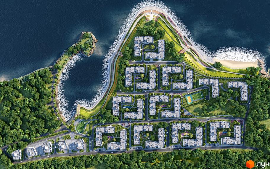 Новобудова ЖК Італійський квартал 2 з сірими фасадами та прибудинковою територією з зеленими насадженнями та дорогою.