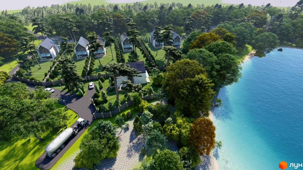 Котеджне містечко LAKESIDE OASIS з сучасними будинками та доглянутою прибудинковою територією біля озера. На зображенні видно зелені насадження, доріжки та водойму.