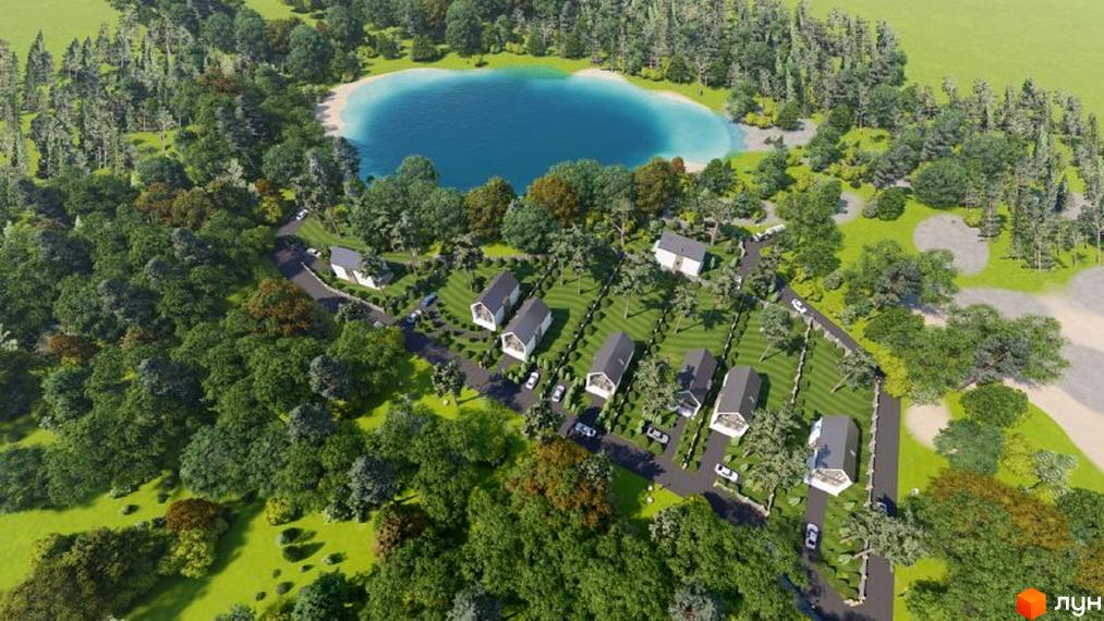 Котеджне містечко LAKESIDE OASIS: вид зверху на будинки з темними дахами та світлими фасадами, розташовані біля озера серед дерев.