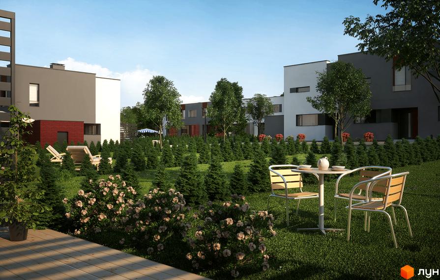 Будинки Viland Home мають сірі та білі фасади з червоними акцентами. Навколо доглянутий газон, ряди хвойних дерев та квітучі кущі.