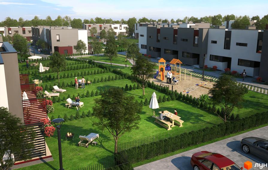 Ряд сірих та білих будинків Viland Home з плоскими дахами та прямокутними вікнами. Перед будинками велика зелена галявина з дитячим майданчиком, зонами відпочинку та барбекю.