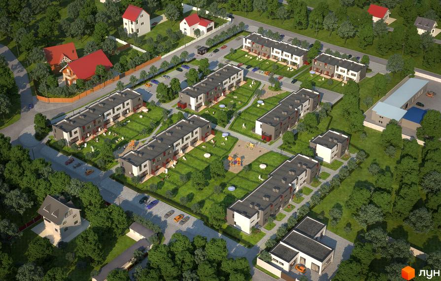 Зовнішній вигляд будинків житлового комплексу Viland Home з прибудинковою територією, дитячими майданчиками та парковкою.