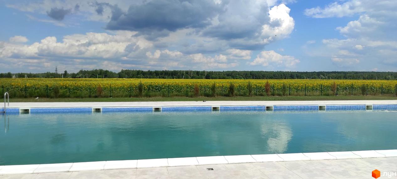 Басейн на території ЖК Лелека з видом на поле соняшників та блакитне небо з хмарами. Спокійний пейзаж для відпочинку.