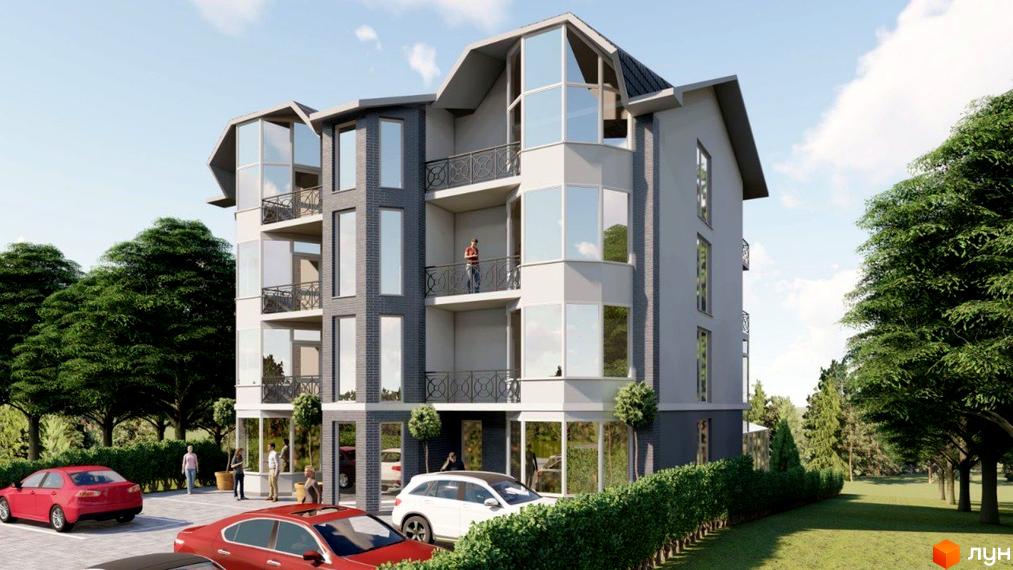 Житловий комплекс Котедж на Орлика: багатоповерховий будинок з сірим фасадом, панорамними вікнами та балконами. Навколо зелені насадження та парковка.