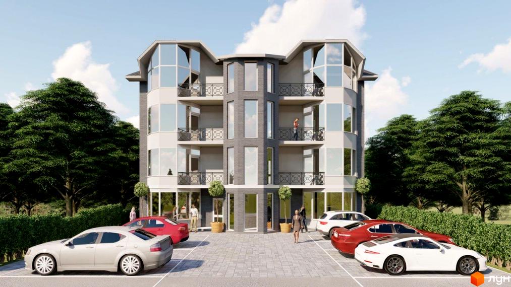 Зовнішній вигляд житлового комплексу Котедж на Орлика з багаторівневими балконами та великими вікнами, на прибудинковій території розташовані автомобілі та зелені насадження.