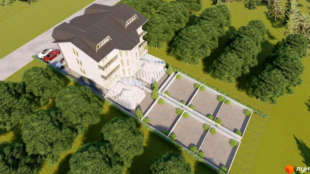 Зовнішній вигляд житлового комплексу Котедж на Орлика з парковкою та прибудинковою територією з ділянками.