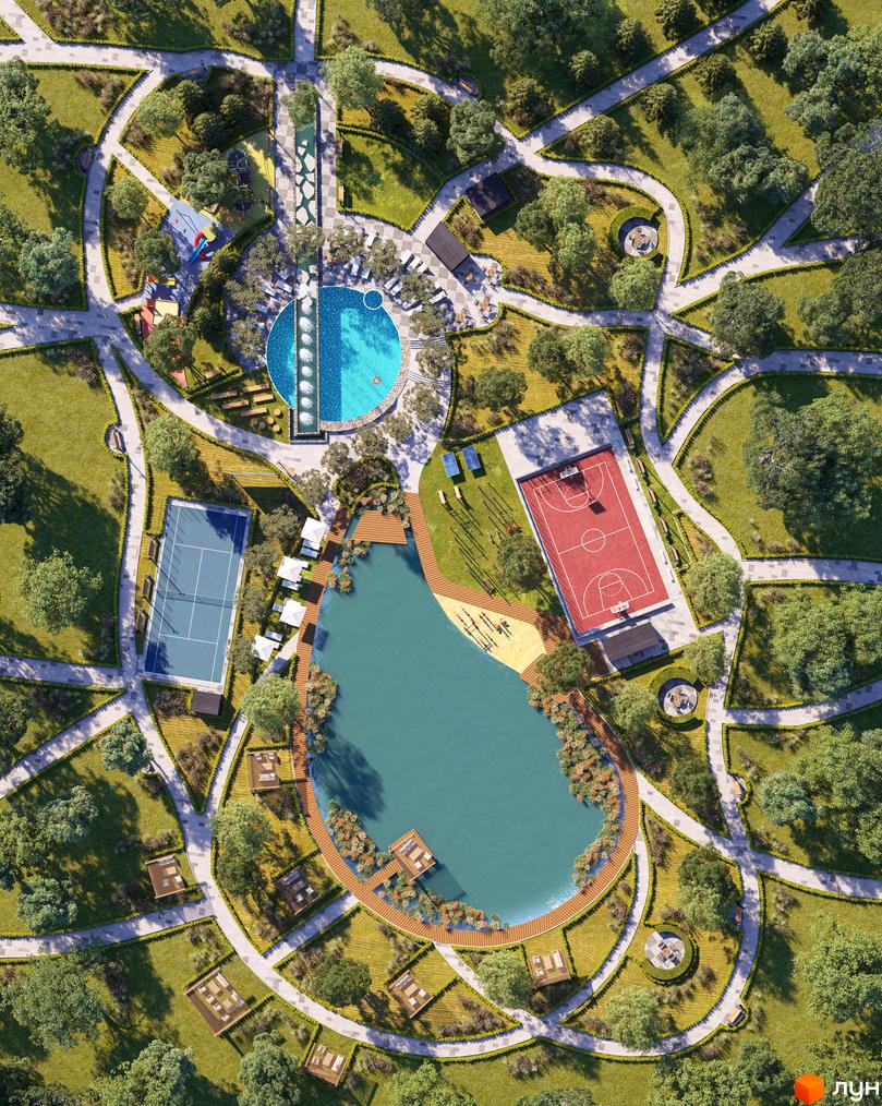 План житлового комплексу ParkVille з басейном, озером, тенісним кортом та баскетбольним майданчиком. Територія комплексу має зелені зони та пішохідні доріжки.