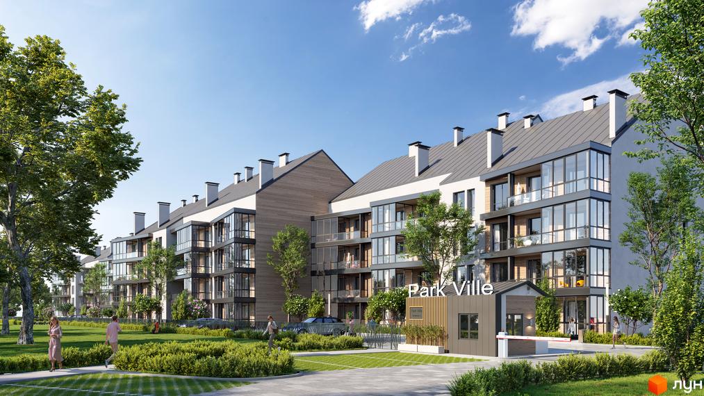 Житловий комплекс ParkVille з багатоповерховими будинками та скляними фасадами, облаштована прибудинкова територія з зеленими насадженнями та зоною відпочинку.