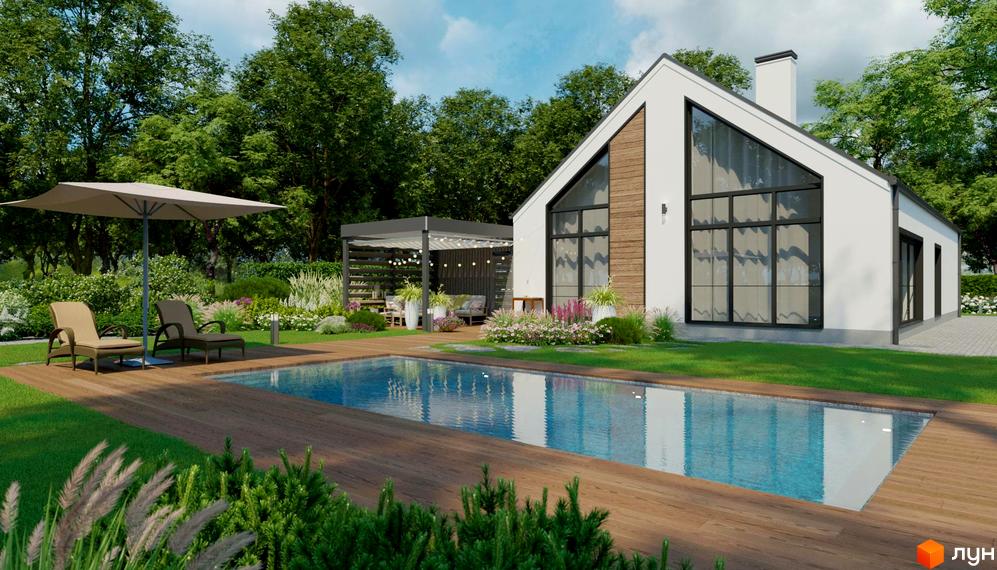 Котеджне містечко Gardd House Eco Village: білий будинок з великими вікнами. Навколо басейн, дерев'яна тераса та зелена територія.