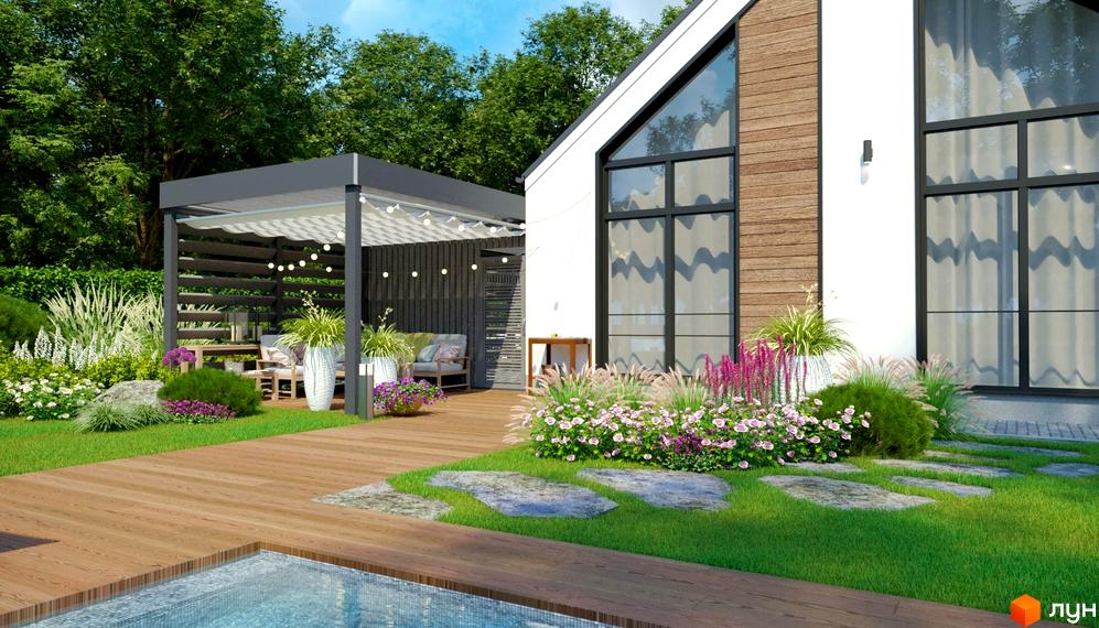 Котеджне містечко Gardd House Eco Village: білий будинок з великими вікнами, дерев'яною терасою, басейном та зеленим садом.