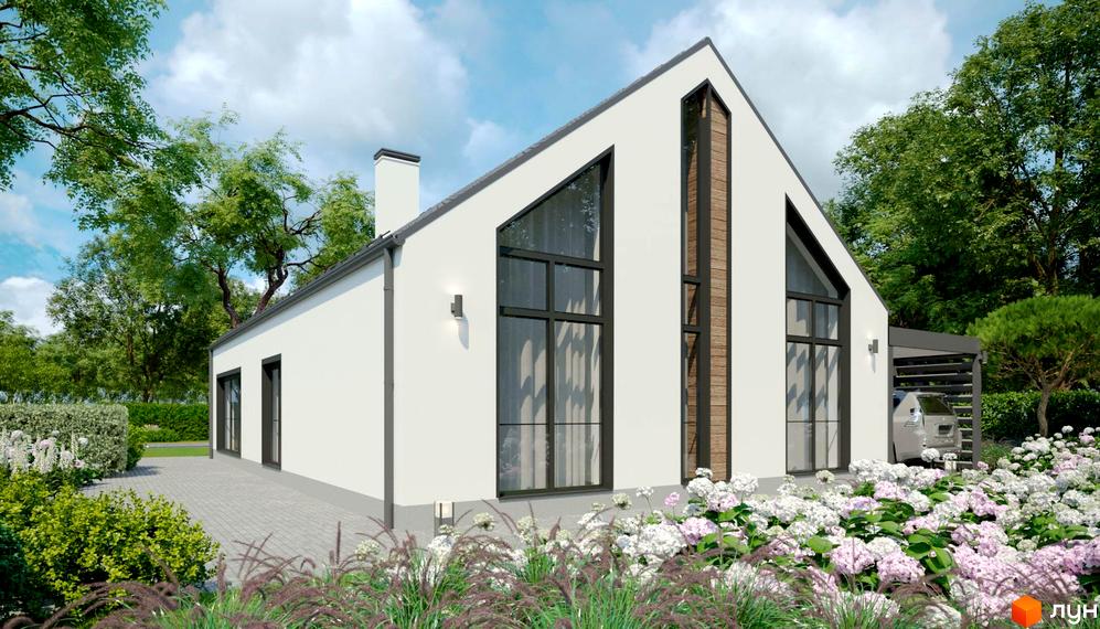 Котеджне містечко Gardd House Eco Village: білий будинок з високим дахом, великими вікнами та дерев'яними вставками. Навколо зелені насадження та квітучі кущі.