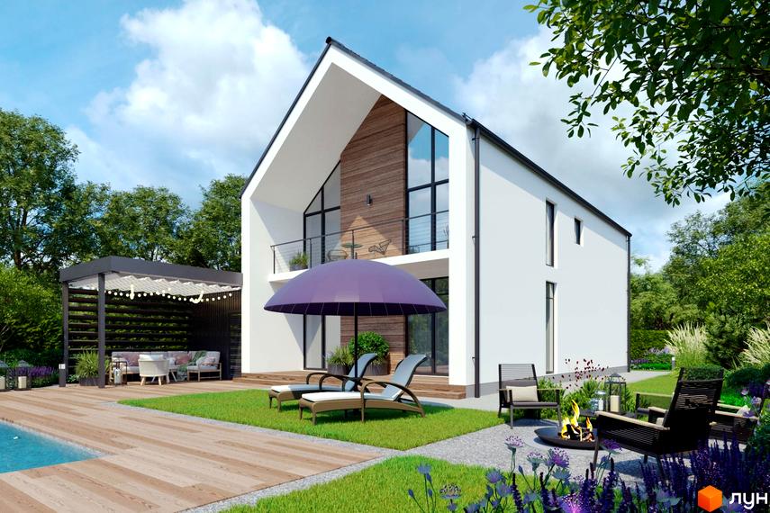 Білий будинок з чорним дахом та дерев'яним фасадом у Котеджному містечку Gardd House Eco Village, з басейном, зоною відпочинку та зеленим газоном.