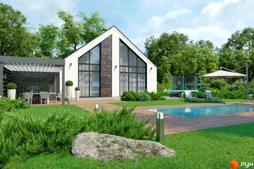 Котеджне містечко Gardd House Eco Village: білий будинок з великими вікнами, терасою, басейном та зоною відпочинку на зеленій ділянці.